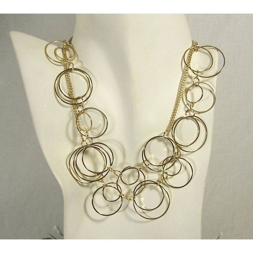 Long Gold Tone Double Circle Rings Necklace 30" 3" Extender